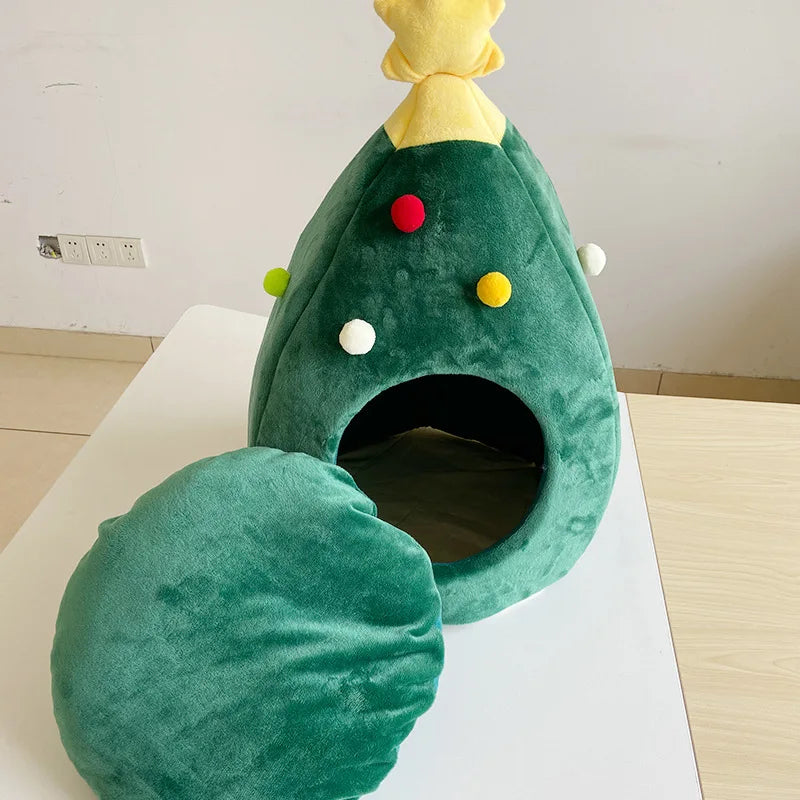 Cama Navideña para Perros y Gatos 🎄 | Nido de Invierno en Forma de Árbol de Navidad – Cueva Cálida, Suave y Acogedora