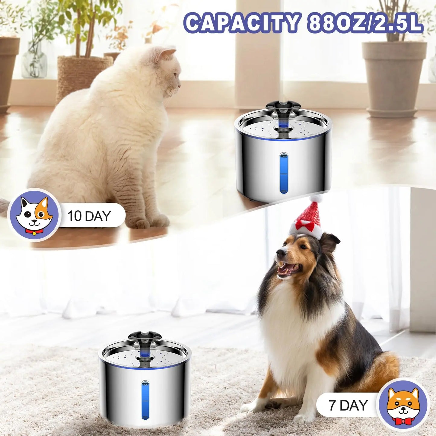 Fuente de agua automática de acero inoxidable 2,5 L para gatos y perros 🐱🐶 | Silenciosa, LED y con filtración de 4 capas