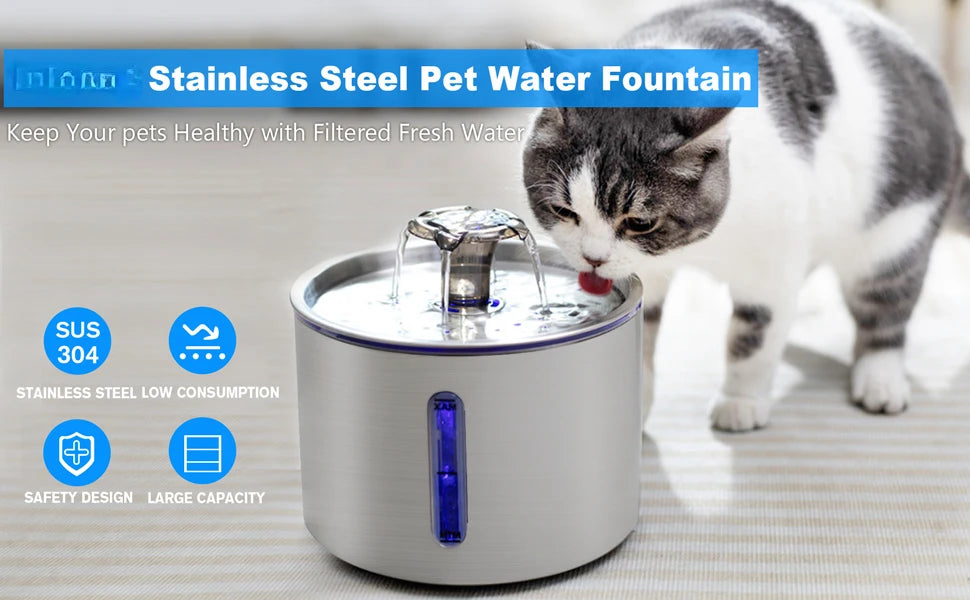 Fuente de agua automática de acero inoxidable 2,5 L para gatos y perros 🐱🐶 | Silenciosa, LED y con filtración de 4 capas