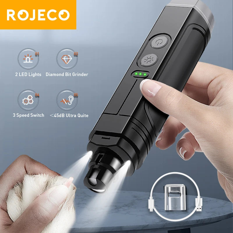 Cortauñas eléctrica profesional para mascotas ROJECO P3 — Recargable, 3 velocidades, 2 LED, silenciosa (perros & gatos) 🐶🐱