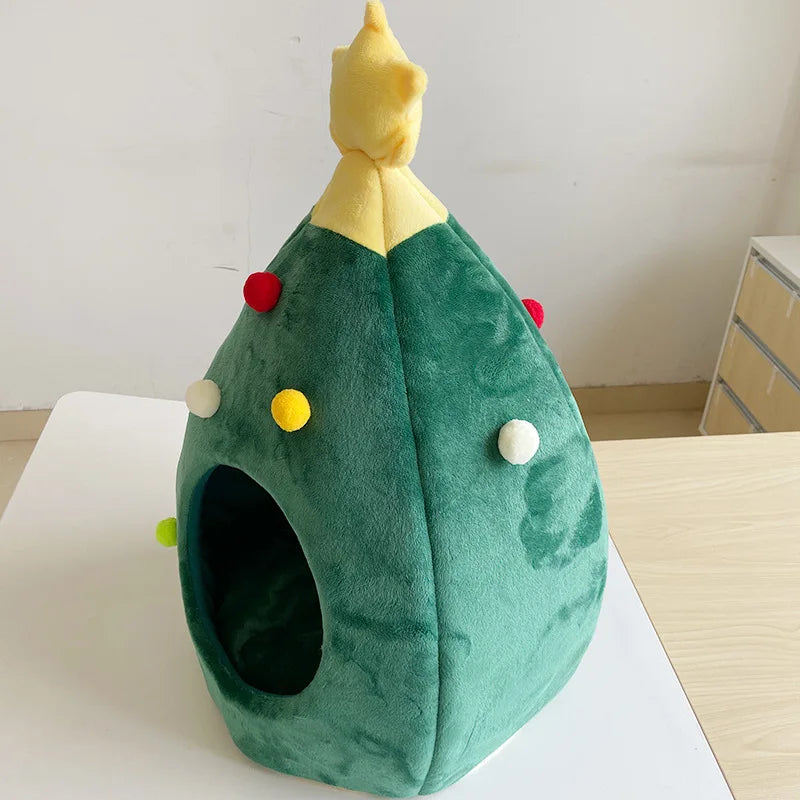 Cama Navideña para Perros y Gatos 🎄 | Nido de Invierno en Forma de Árbol de Navidad – Cueva Cálida, Suave y Acogedora