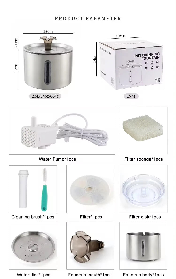Fuente de agua automática de acero inoxidable 2,5 L para gatos y perros 🐱🐶 | Silenciosa, LED y con filtración de 4 capas