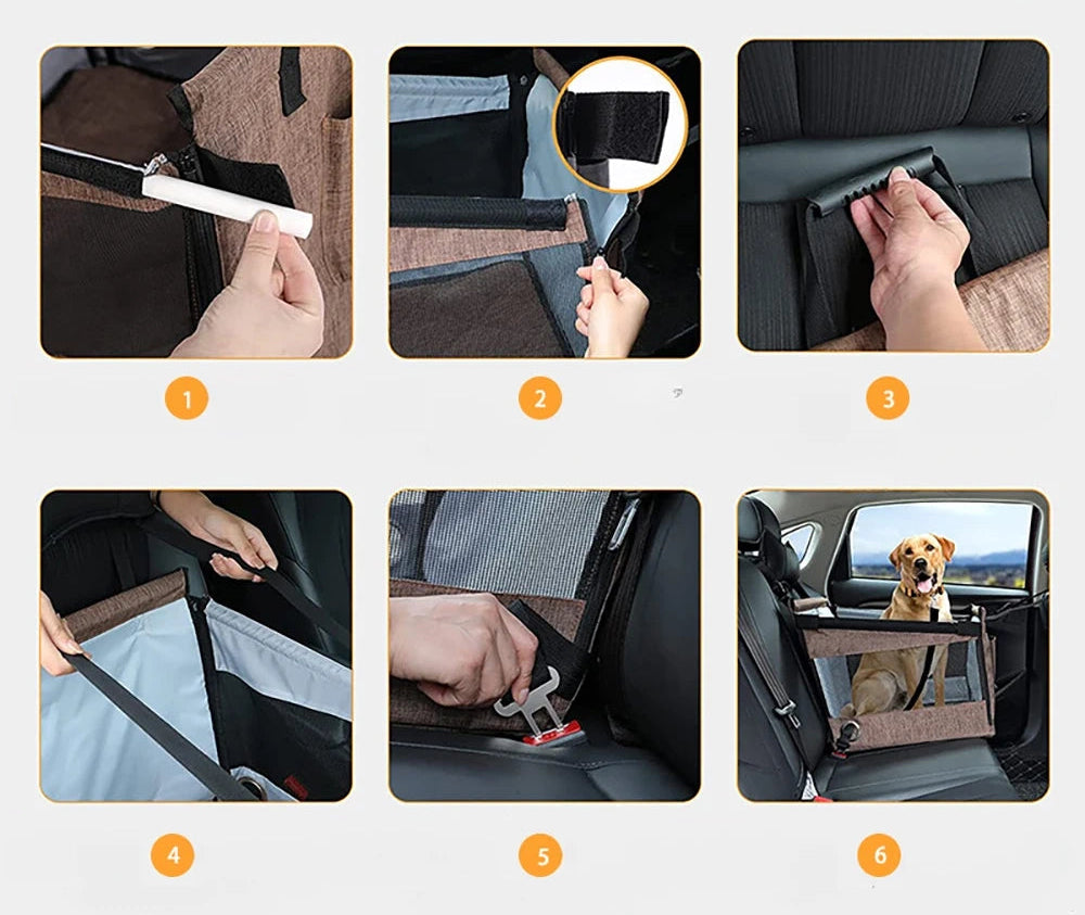 Cómo instalar y usar el asiento de coche portador de mascotas.
1. Inserta el tubo de soporte.
2. Cierra las cremalleras laterales y pega el velcro.
3. Inserta el cierre en la ranura del asiento.
4. Ajusta las dos correas para sujetar el asiento para mascotas.
5. Conecta el cinturón de seguridad para fijar el asiento para mascotas.
6. Al viajar con mascotas, les proporcionas una vista más amplia.