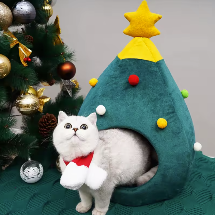 Cama Navideña para Perros y Gatos 🎄 | Nido de Invierno en Forma de Árbol de Navidad – Cueva Cálida, Suave y Acogedora