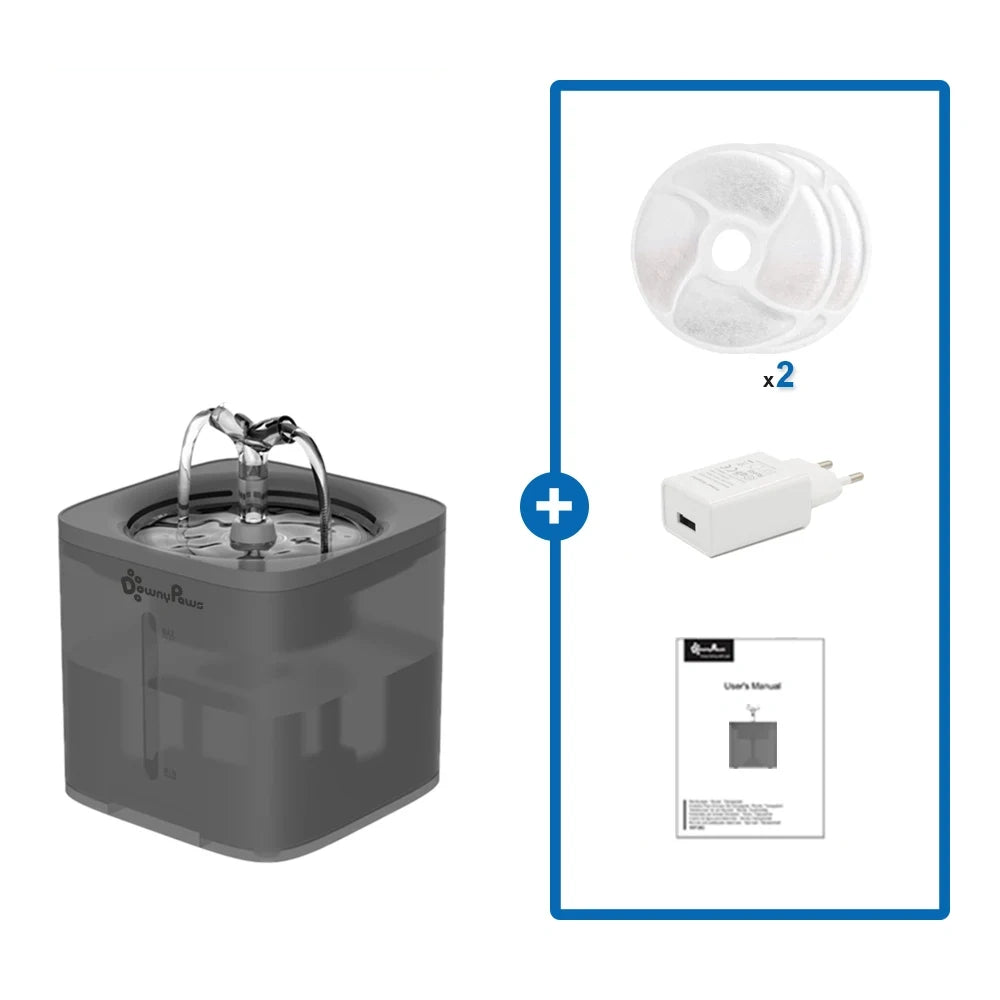 #ADADAD; — Kit estándar de la fuente de agua automática negra downypaws para gatos y perros. Incluye dos filtros, un adaptador de corriente y manual de usuario. Modelo WF070.