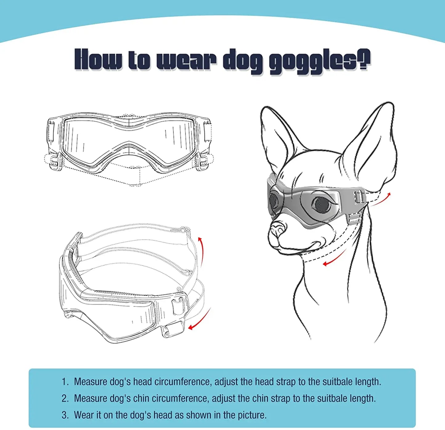 Cómo llevar las gafas de protección solar y ultravioleta con lentes de policarbonato y correas ajustables para perros pequeños y medianos.