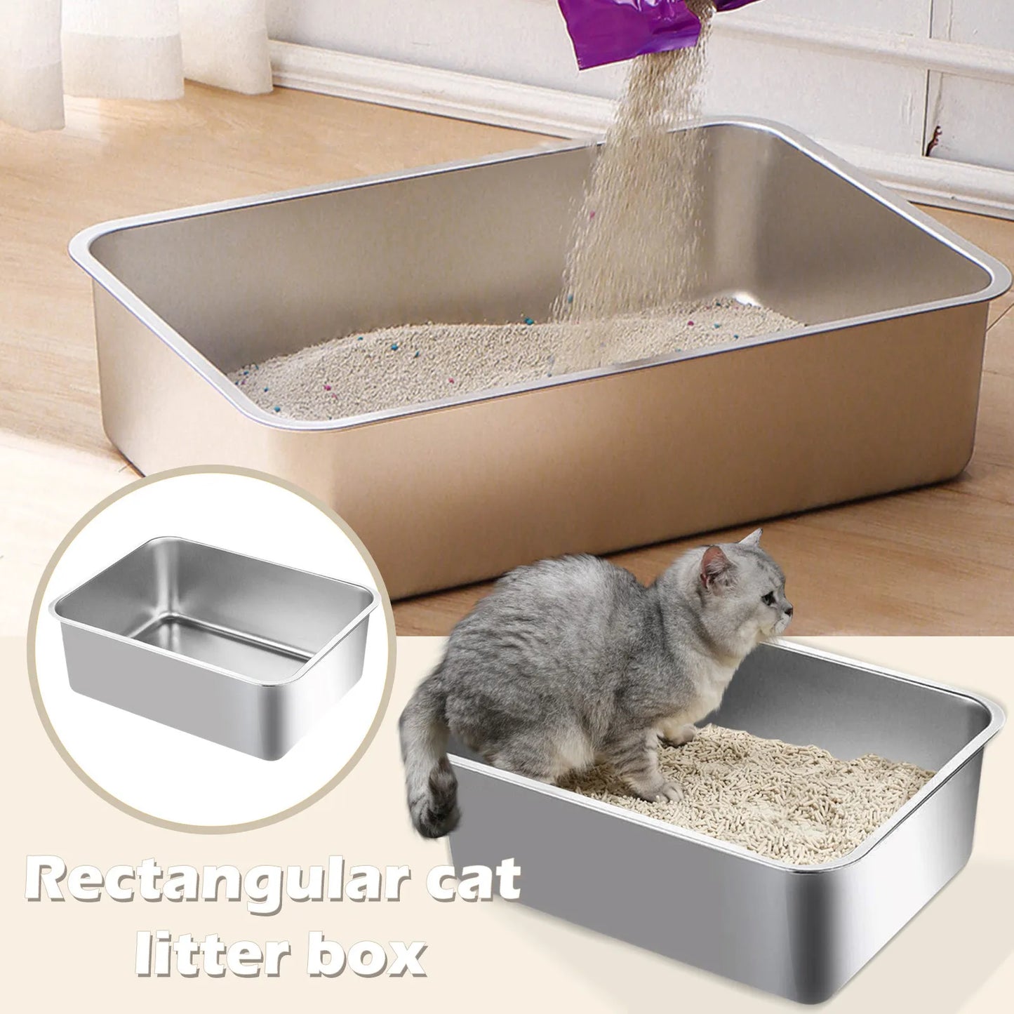 Caja de arena de acero inoxidable para gatos grandes 🐱 | Higiénica, resistente y fácil de limpiar