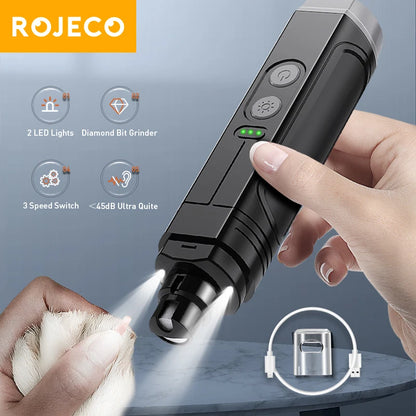 Cortauñas eléctrica profesional para mascotas ROJECO P3 — Recargable, 3 velocidades, 2 LED, silenciosa (perros & gatos) 🐶🐱