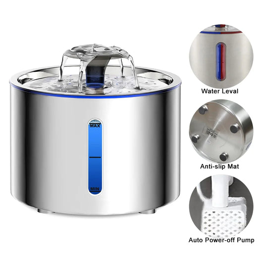 Fuente de agua automática de acero inoxidable 2,5 L para gatos y perros 🐱🐶 | Silenciosa, LED y con filtración de 4 capas