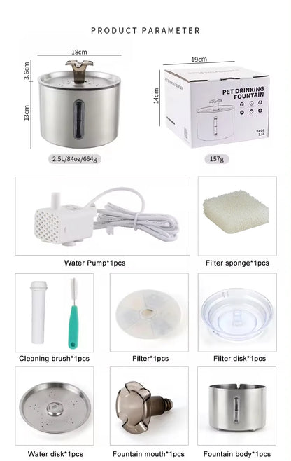 Fuente de agua automática de acero inoxidable 2,5 L para gatos y perros 🐱🐶 | Silenciosa, LED y con filtración de 4 capas
