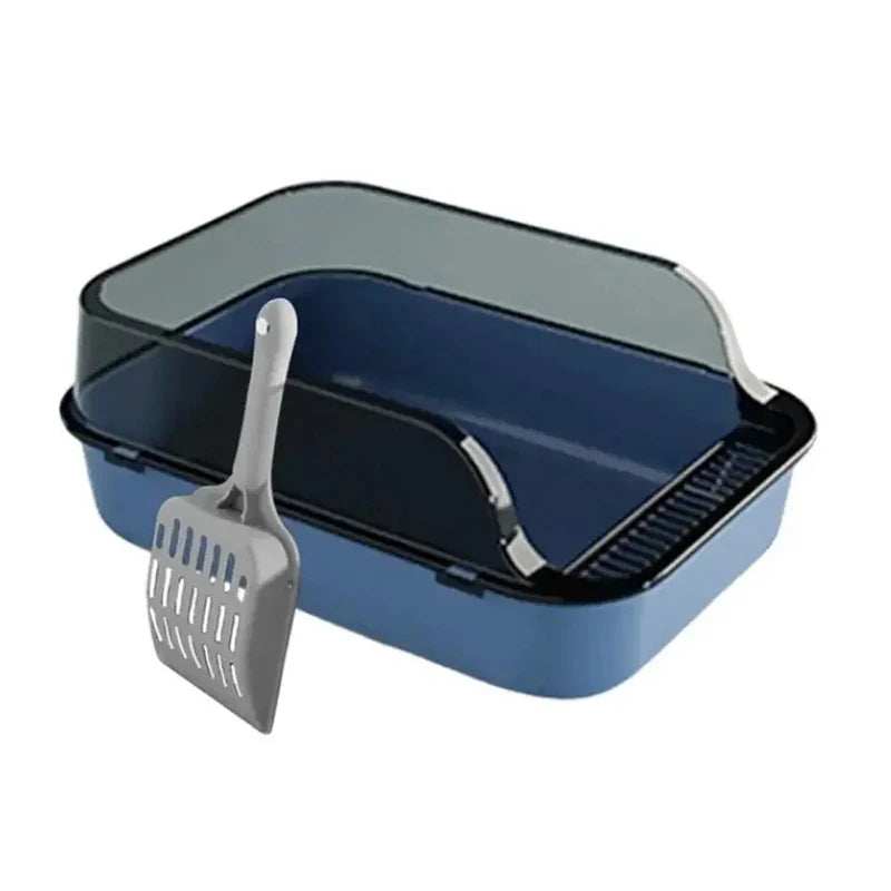 #1A83D9; — Arenero azul para gatos con pala. Bandeja con bordes antisalpicaduras semicerrada y desmontable.