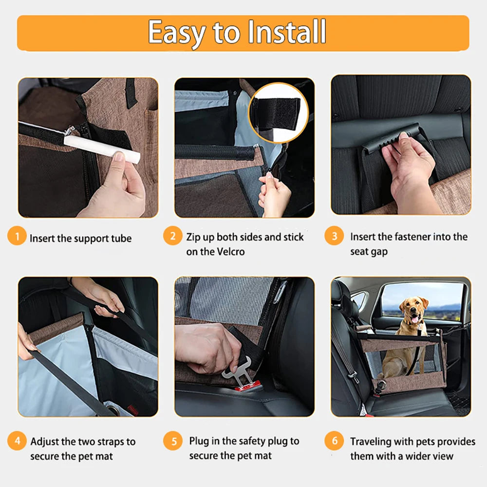 Cómo instalar y usar el asiento de coche portador de mascotas.
1. Inserta el tubo de soporte. 
2. Cierra las cremalleras laterales y pega el velcro. 
3. Inserta el cierre en la ranura del asiento. 
4. Ajusta las dos correas para sujetar el asiento para mascotas. 
5. Conecta el cinturón de seguridad para fijar el asiento para mascotas.
6. Al viajar con mascotas, les proporcionas una vista más amplia.