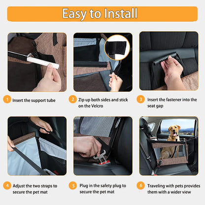 Cómo instalar y usar el asiento de coche portador de mascotas.
1. Inserta el tubo de soporte. 
2. Cierra las cremalleras laterales y pega el velcro. 
3. Inserta el cierre en la ranura del asiento. 
4. Ajusta las dos correas para sujetar el asiento para mascotas. 
5. Conecta el cinturón de seguridad para fijar el asiento para mascotas.
6. Al viajar con mascotas, les proporcionas una vista más amplia.