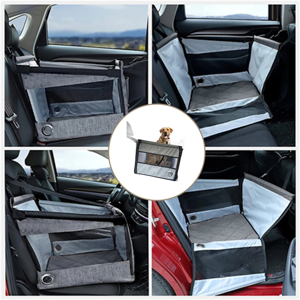 Asiento de coche portador de mascotas con cojín con formas abiertas y ajustado en el asiento.