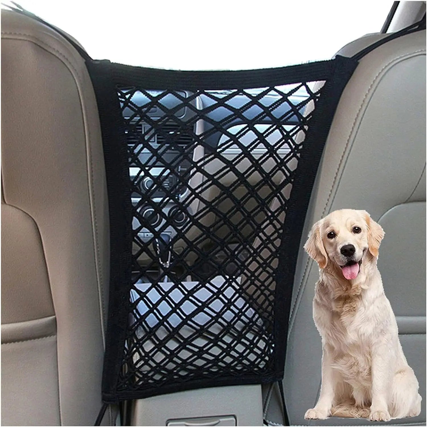 Barrera de coche para mascotas. Red de seguridad con bolsa de almacenamiento y protección antisalto.