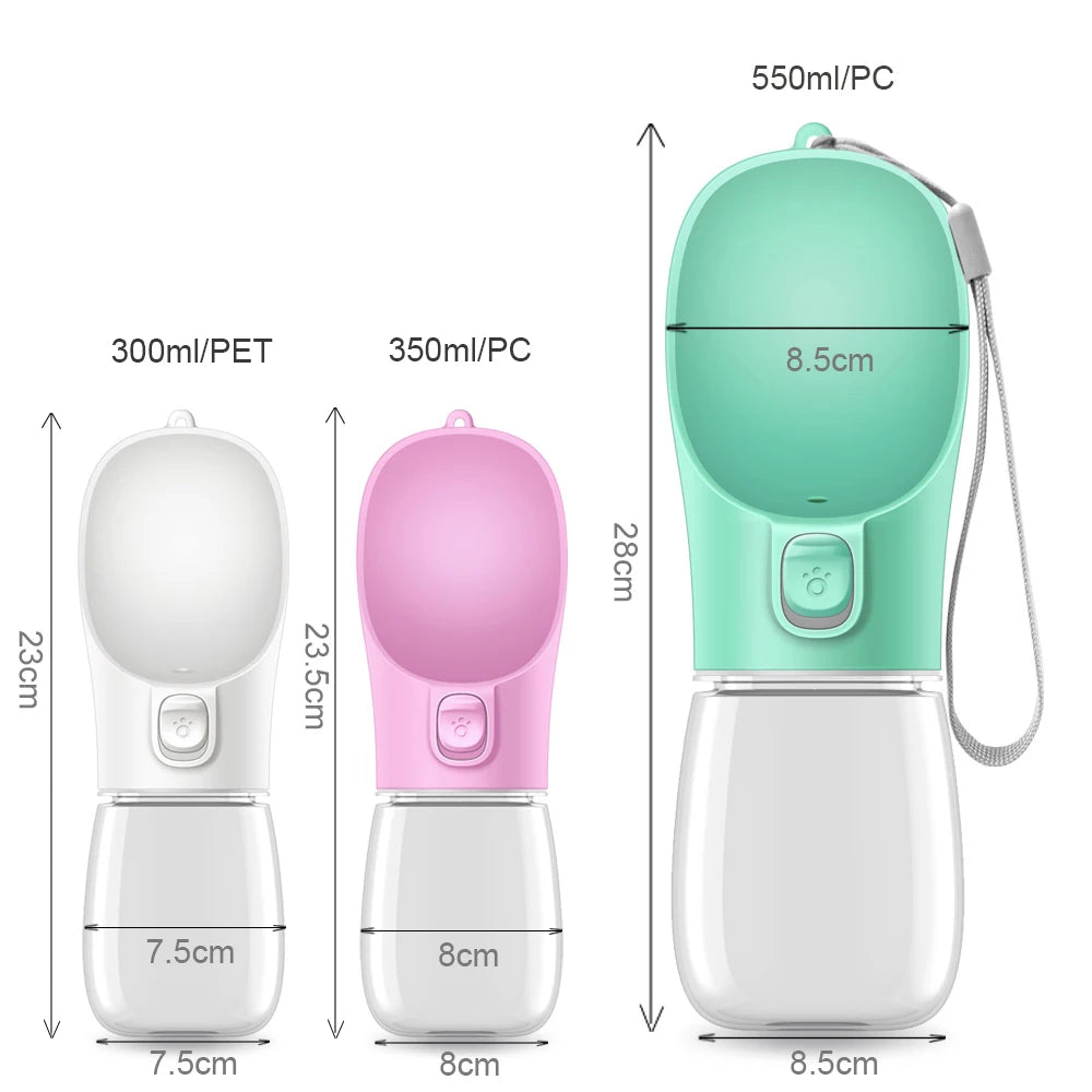 Medidas de las diferentes capacidades del bebedero portátil para mascotas.