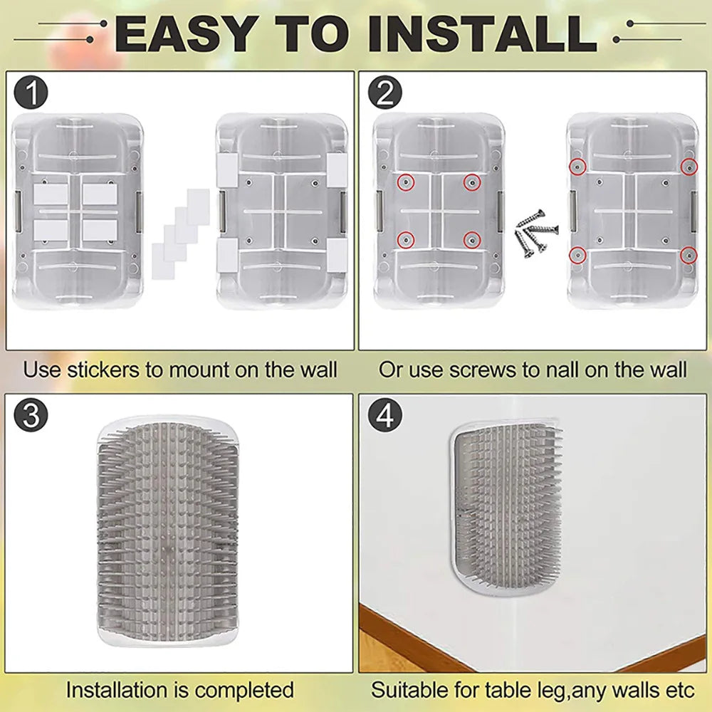 Cómo instalar el cepillo de esquinas quita pelo y masajeador para gatos: Utiliza adhesivos para fijarlo a la pared o tornillos. Apto para patas de mesa, cualquier tipo de pared, etc.