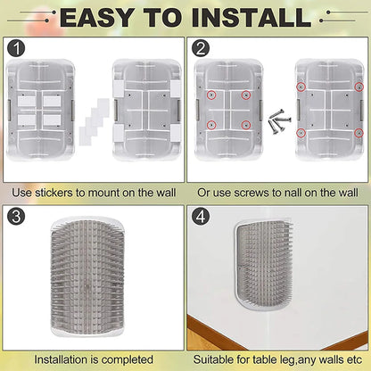 Cómo instalar el cepillo de esquinas quita pelo y masajeador para gatos: Utiliza adhesivos para fijarlo a la pared o tornillos. Apto para patas de mesa, cualquier tipo de pared, etc.