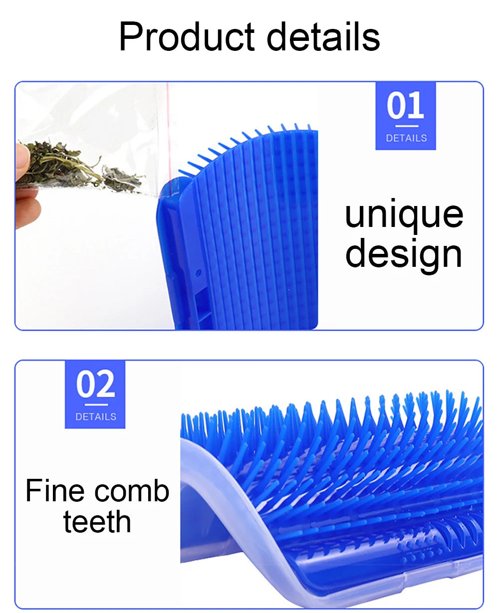 Cepillo de esquinas quita pelo y masajeador para gatos con diseño único, compatible con hierba gatera y dientes de peine fino.