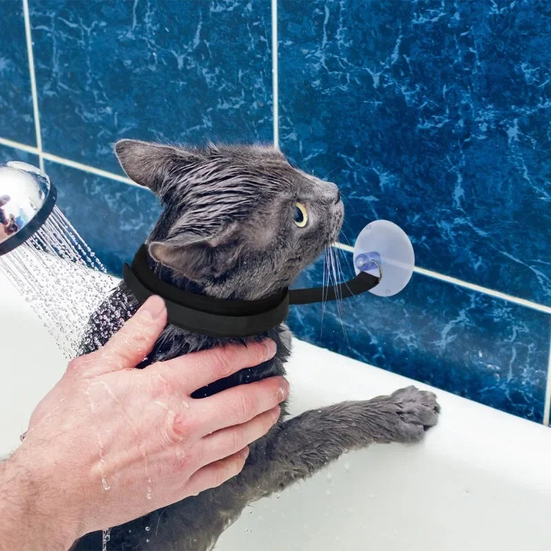 Bañando a gato con el collar de sujeción ajustable para baño con ventosa para mascotas.