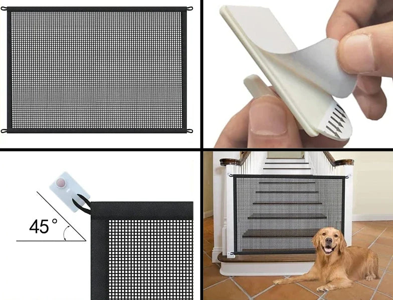 Explicación con viñetas sobre cómo colocar la cerca de malla transpirable para perros.