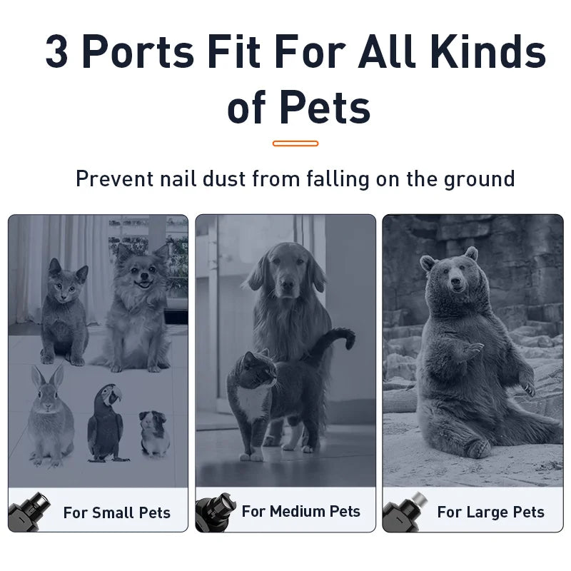 Tres puertos aptos y adaptables al Cortauñas Eléctrico ROJECO P3 para variedad de mascotas.