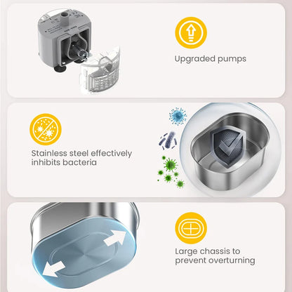 Detalles de la fuente de agua automática inteligente para gatos y perros. Bomba potente. El material hecho de acero inoxidable inhibe eficazmente bacterias. Con chasis grande para evitar vuelcos.