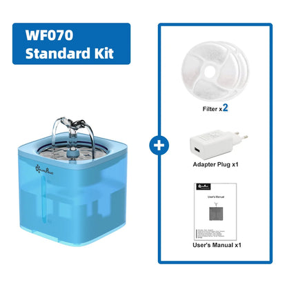 #57CFFF; — Kit estándar de la fuente de agua automática azul downypaws para gatos y perros. Incluye dos filtros, un adaptador de corriente y manual de usuario. Modelo WF070.