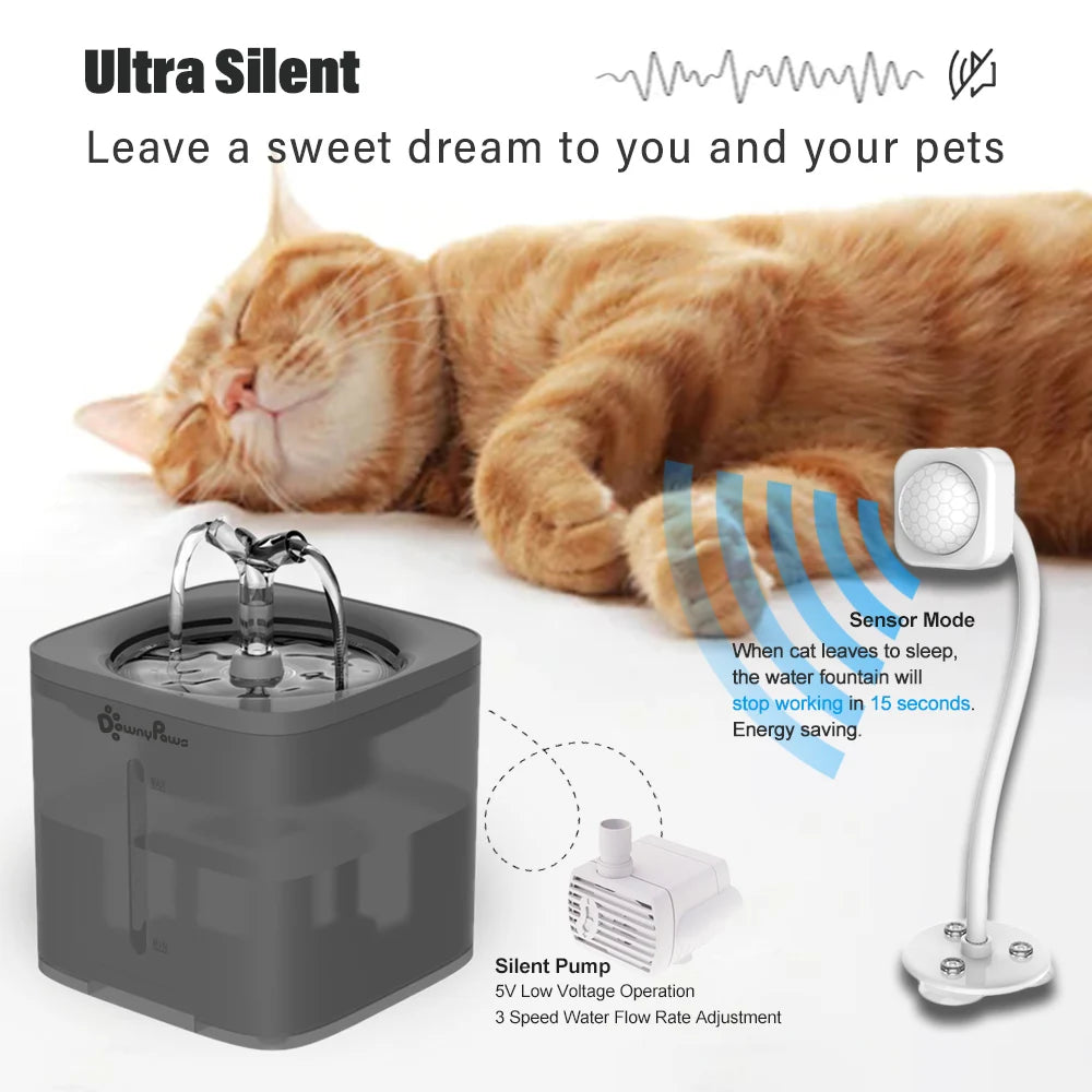 Fuente de agua automática downypaws para gatos y perros con bomba ultrasilenciosa, ajuste de 3 flujos de caudal y sensor de movimiento para ahorrar energía.