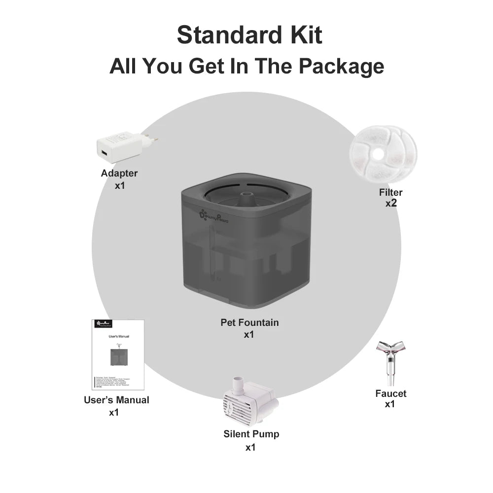 Kit Estándar de la fuente de agua automática downypaws para gatos y perros. Incluye un adaptador de corriente, dos filtros, un grifo, una bomba silenciosa y manual de usuario.
