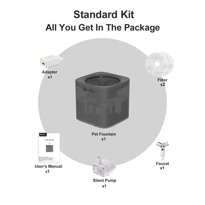 Kit Estándar de la fuente de agua automática downypaws para gatos y perros. Incluye un adaptador de corriente, dos filtros, un grifo, una bomba silenciosa y manual de usuario.