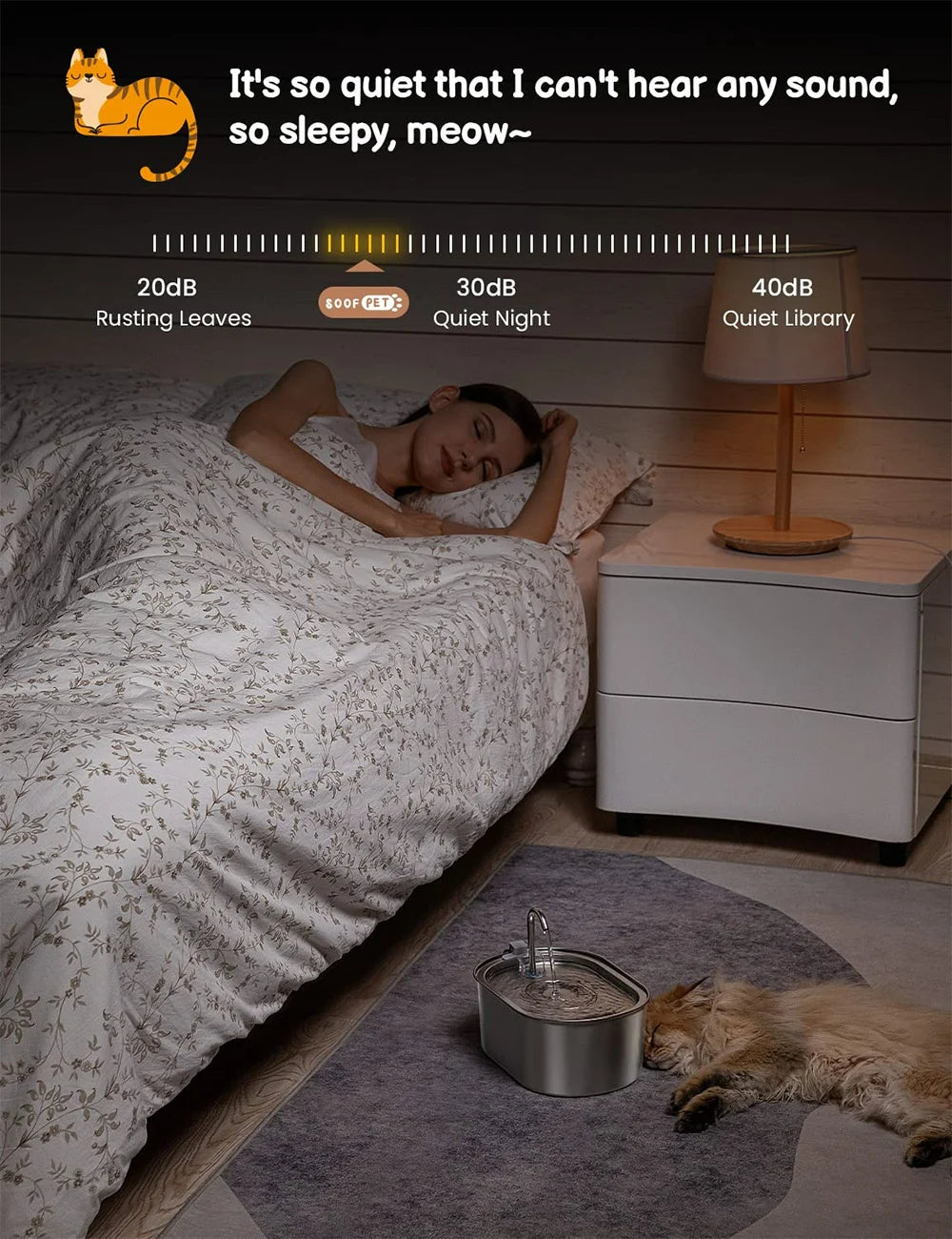 Fuente de agua automática inteligente para gatos y perros ultrasilenciosa: menos de 20 decibelios.