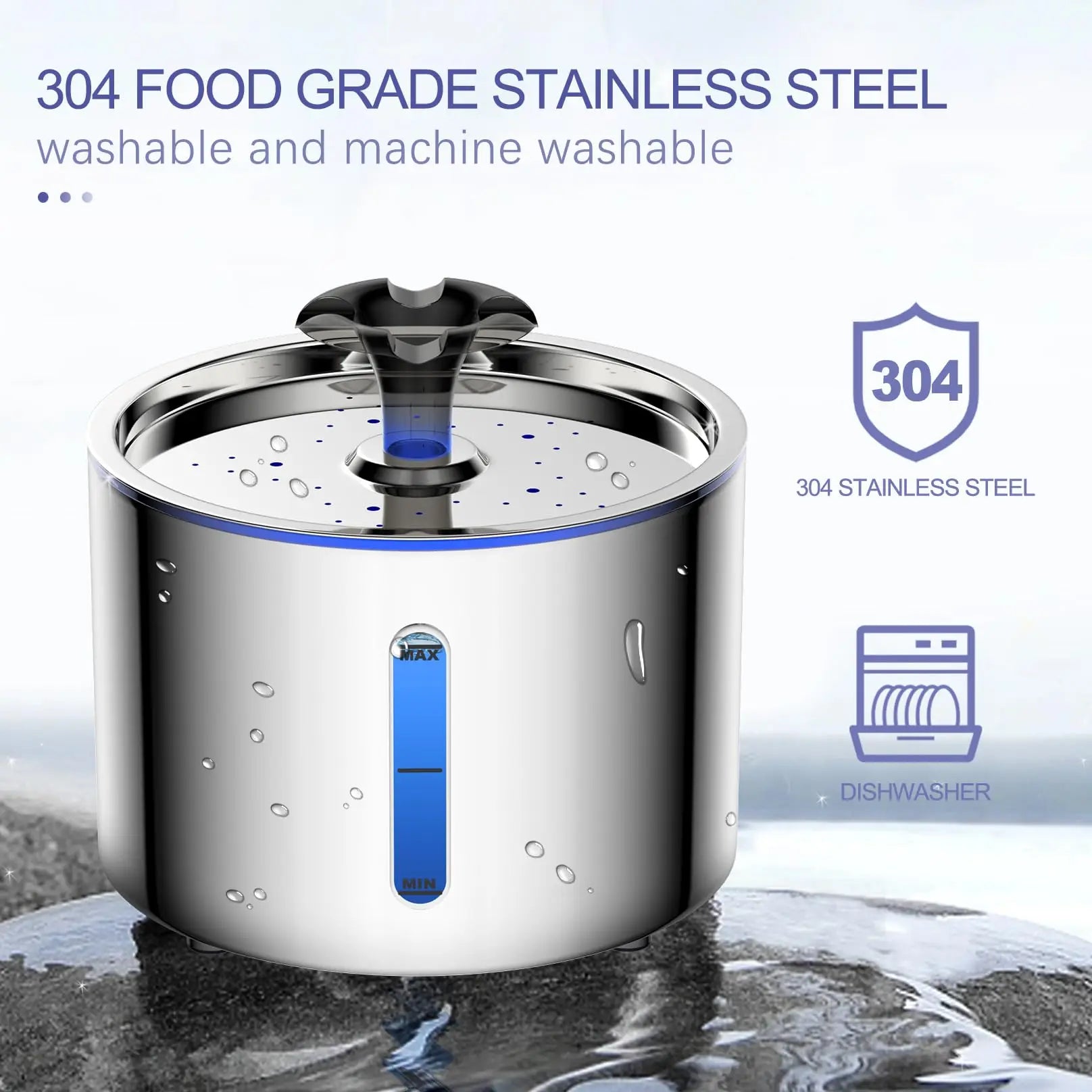 Fuente de agua automática para gatos y perros de acero inoxidable 304 apto para uso alimentario y lavable a mano y en lavavajillas.