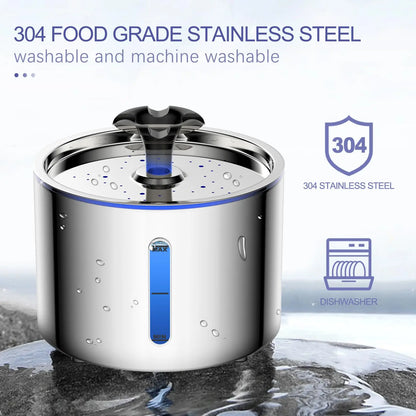 Fuente de agua automática para gatos y perros de acero inoxidable 304 apto para uso alimentario y lavable a mano y en lavavajillas.