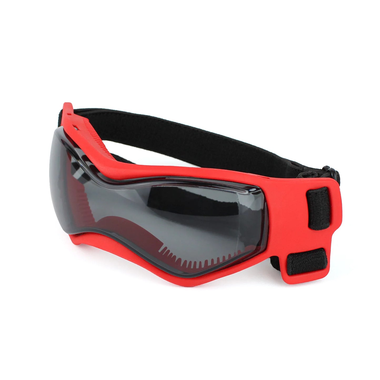 #FF3636; — Gafas rojas de protección solar y ultravioleta con lentes de policarbonato y correas ajustables para perros pequeños y medianos.