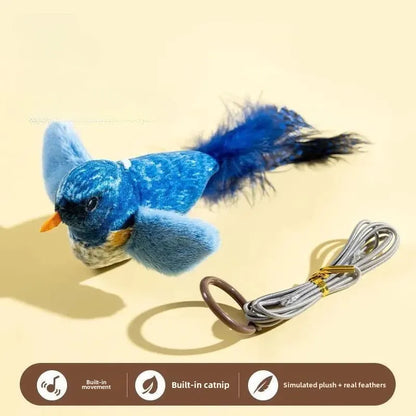 #3692E3; — Juguete pájaro azul de felpa sintética y plumas reales interactivo con sonido, movimiento y hierba gatera incorporada para gatos.