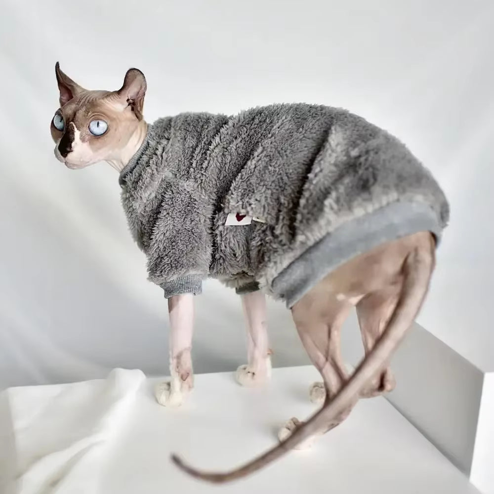 Suéter de invierno grisáceo para Sphynx — Ropa térmica acolchada para gatos sin pelo