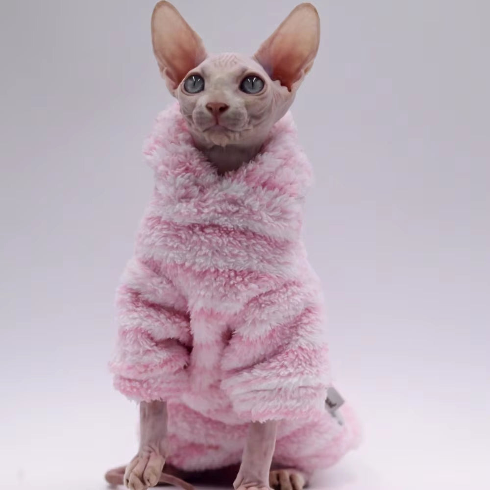 #F1A5F2; — Suéter de invierno con rayas rosas y blancas para Sphynx. Ropa térmica acolchada para gatos sin pelo