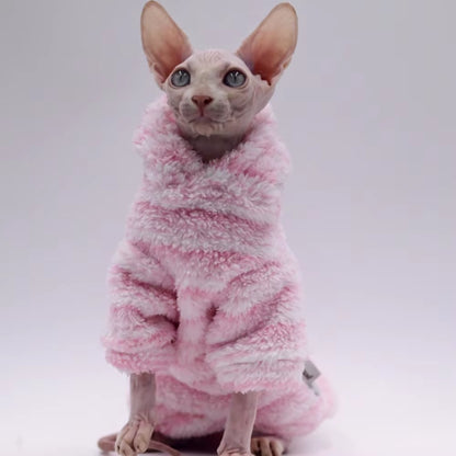 #F1A5F2; — Suéter de invierno con rayas rosas y blancas para Sphynx. Ropa térmica acolchada para gatos sin pelo